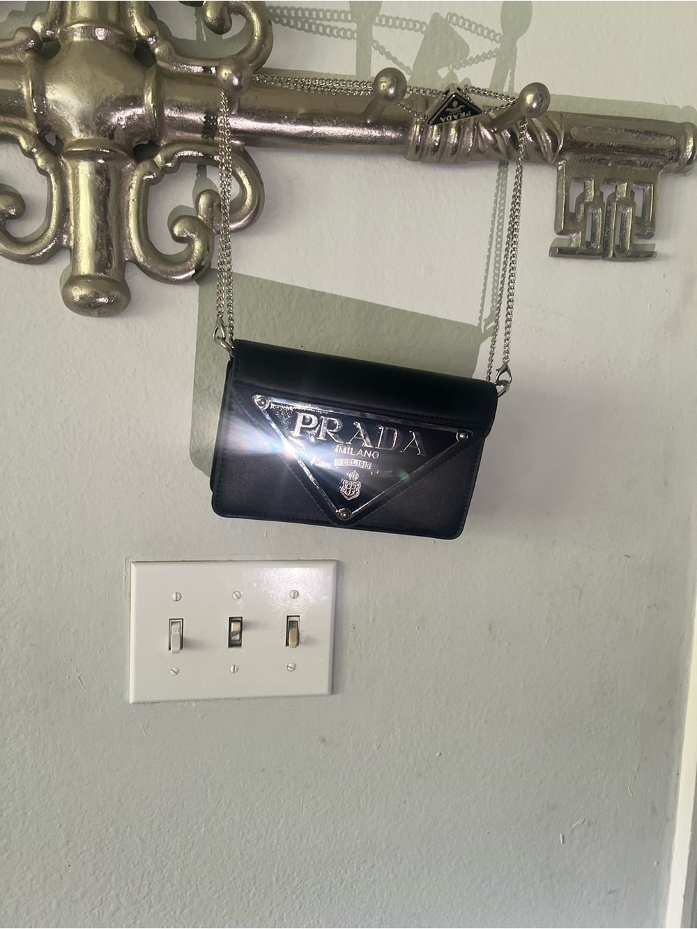 Prada Black Leather Crossbody with Silver Chain and Logo Plaque - Picture 5 of 8